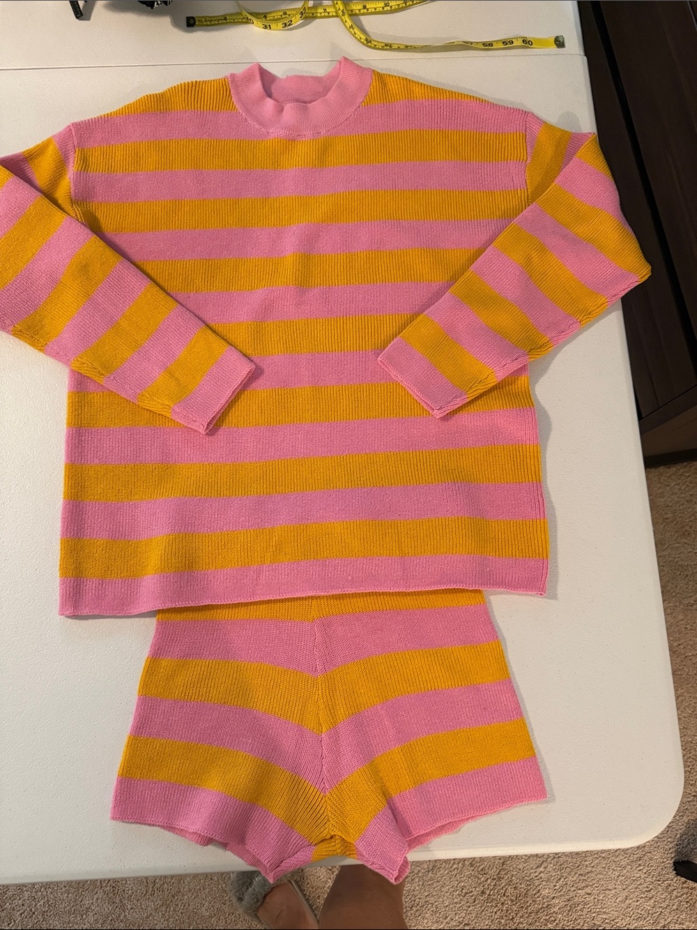 2 piece Pink and Yellow Striped Sweater Set
